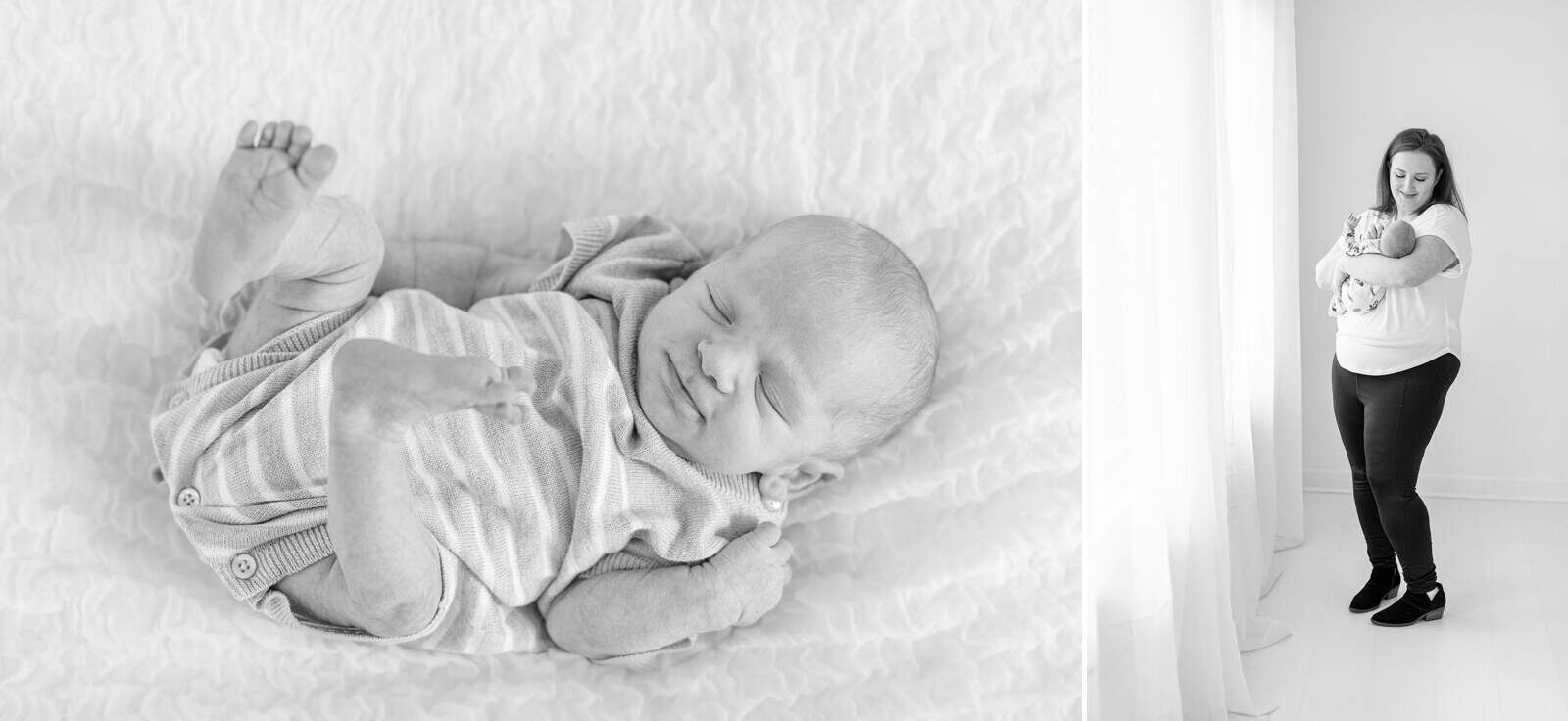 b/w images of newborn baby and mother standing at window